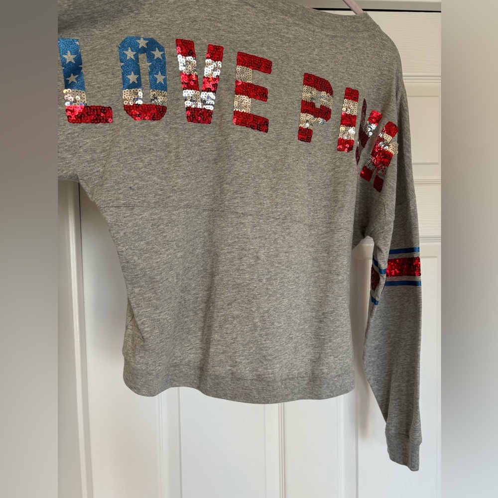 EUC PINK Victoria’s Secret Gray Long Sleeve Sweatshirt with Striped Sleeves